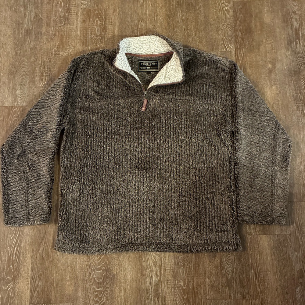 True Grit Men's Heather Brown Quarter-Zip Sweater with Sherpa Collar